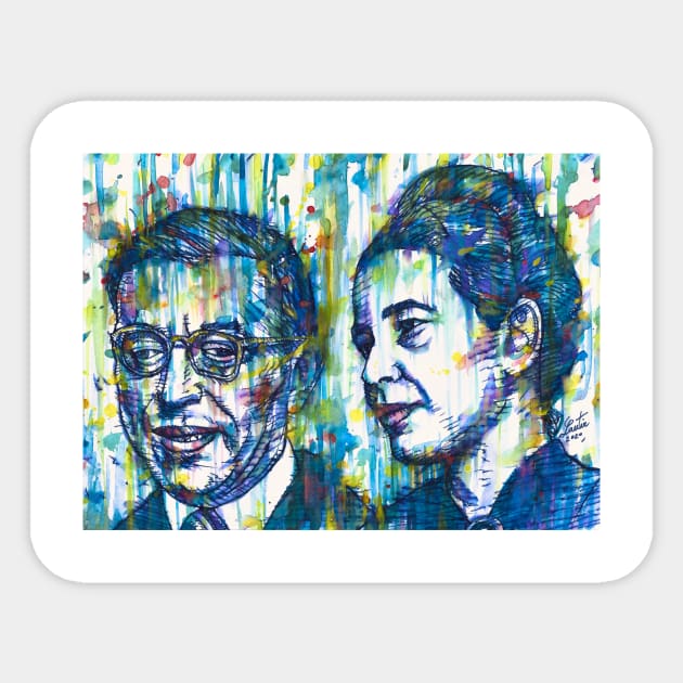 SARTRE and SIMONE DE BEAUVOIR watercolor and ink portrait Sticker by lautir